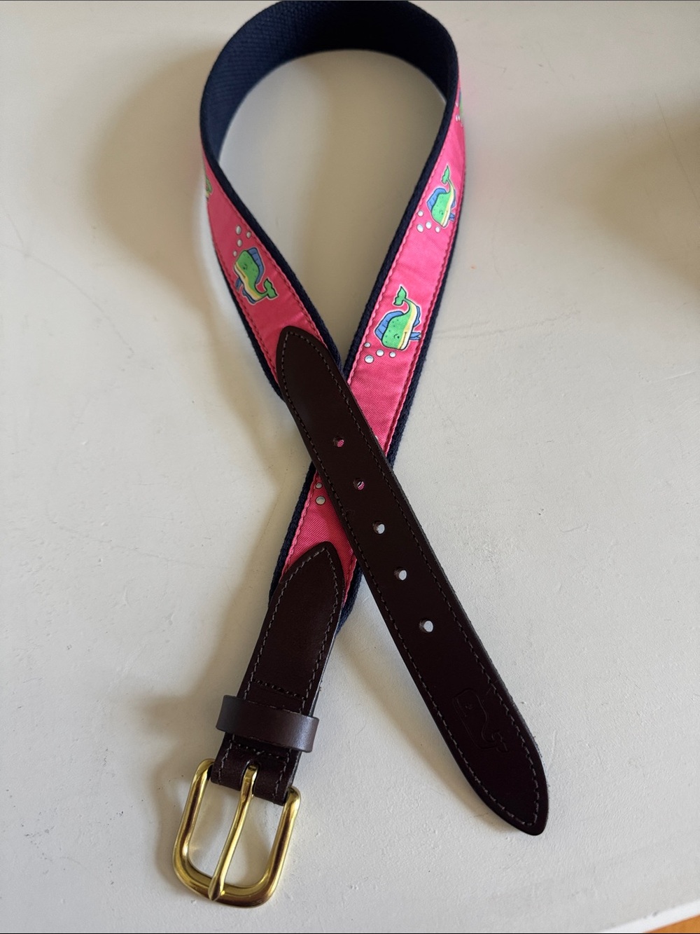 Vineyard Vines Pink Whale Embroidered Belt with Brown Trim